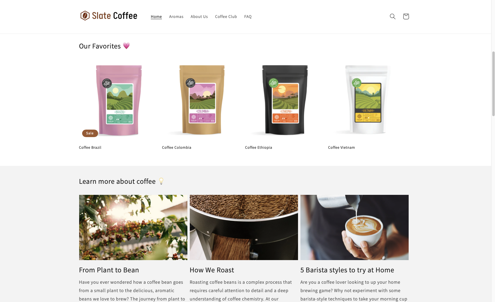 Slate coffee site showing the products and blogs.
